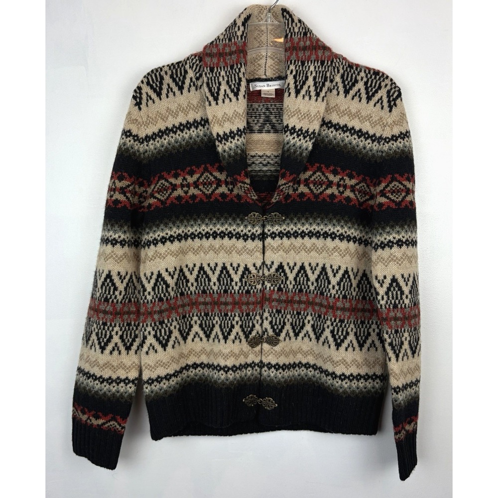 Southwestern Wool Cardigan Sweater Womens Small Shawl Collar Metal Clasp Western